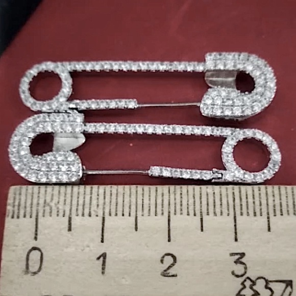 Rhinestone Silver Safety Pin Earrings - Picture 7 of 7